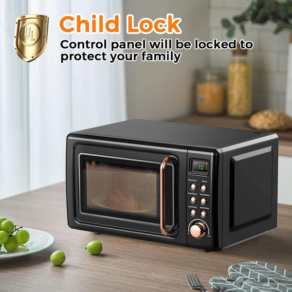 0.7Cu.Ft Retro Small Microwave Oven, 700W Compact Countertop Microwave with 5 Power Levels, Auto Cooking Menus, Glass Turntable, Child Lock & Glass Turntable for Apartment, Dorm (Golden)5