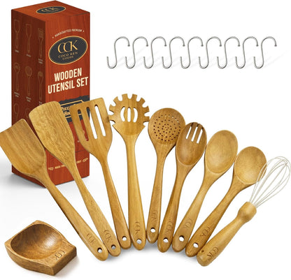 Wooden Utensil Set 10 Pcs + Hooks - Natural Teak Wood Cooking Spoons - Heat & Scratch Resistant Cooking Utensils with Spoon Rest & Hanging Hooks1