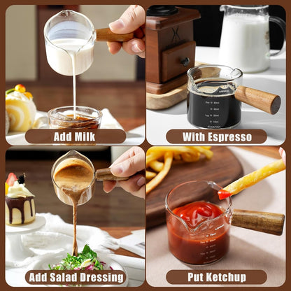 2 Pack Espresso Cups with Wood Handle, 75ML Double Spout Glass Measuring Cup with Dual Scale, Espresso Shot with V-Shaped Mouth, Clear Glass Espresso Accessories, Milk Frothing Pitcher7