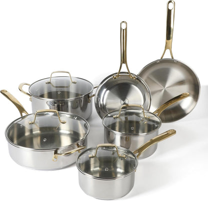 Castelle 10 Piece 18/8 Durable Stainless Steel Induction Safe Pots and Pans Non-Toxic Kitchen Cookware Set - Gold Handles - Dishwasher Safe1