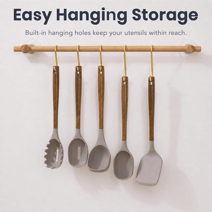 5-Piece Silicone Kitchen Utensil Set with Acacia Wood Handles, Brown6