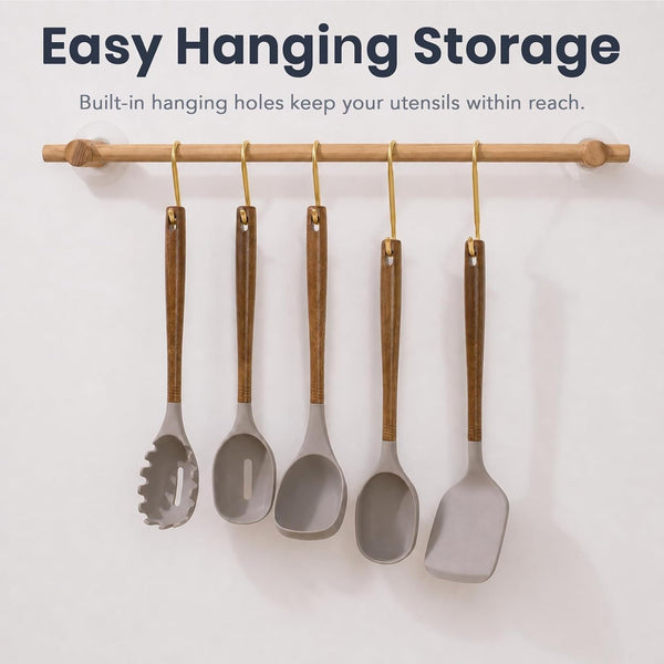 5-Piece Silicone Kitchen Utensil Set with Acacia Wood Handles, Brown6