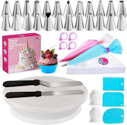 94 Pcs Cake Decorating Kit with Cake Turntable - Includes 50Pcs 16 Inch Disposable + 2 Reusable Piping Bags and Tips Set, 24 Icing Piping Tips, 2 Spatulas, 3 Icing Comb Scraper, 6 Cake Liners1