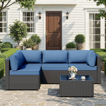 5-Piece Patio Furniture Set, Outdoor Wicker Sectional Sofa with 4-Inch Thick Cushions & Coffee Table, All-Weather PE Rattan Conversation Set for Backyard, Garden, Poolside, Aegean Blue3