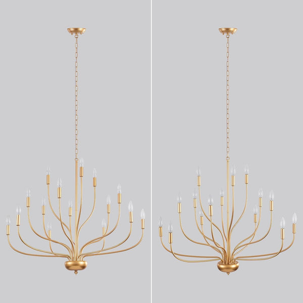 Brass Gold Chandelier, 15-Light Vintage Large Candle Style Chandelier Lighting, 37.4" Modern Farmhouse Dining Room Chandelier Light Fixture for Living Room Foyer Entryway High Ceiling Staircase9