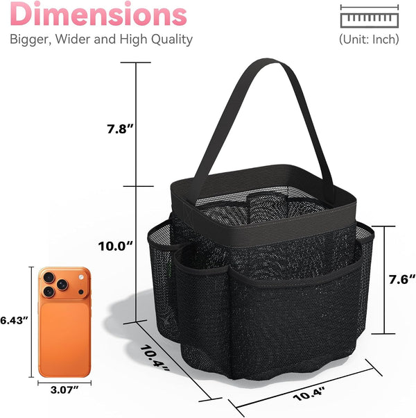 Mesh Shower Caddy Portable for Dorm College Room Essentials, 8-Pocket Large Shower Bag with Single Handles, Hanging Shower Basket for Beach, Swimming, Bathroom, Beach, Black7