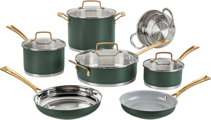 Cookware Set, 11 Piece Stainless Steel Cookware Pots and Pans, Home and Kitchen Durable Stainless Steel for Everyday Cooking, Matte Thyme, MT89G-111