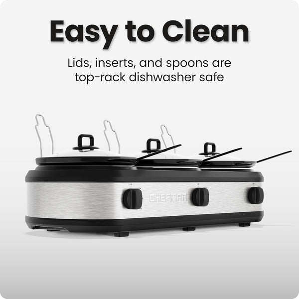 Triple Slow Cooker & Food Warmer, Three Crock Slowcooker with 2.5 Qt. Ceramic Crocks, 7.5-Quart Total Capacity, Pfas-Free, Three Temperature Settings, Dishwasher-Safe Parts – Stainless Steel6