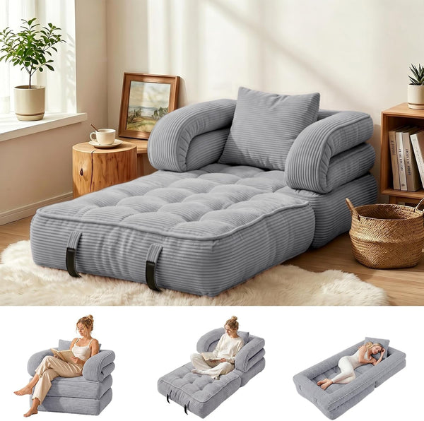 Folding Sofa Bed, Convertible Sleeper Chair with Armrests for Adults, Foldable Corduroy Boneless Bed, 3-In-1 Portable Futon Couch Floor Sofa with Pillow for Bedroom, Living Room, Gray1