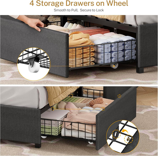Queen Bed Frame with Headboard and 4 Drawers Storage, Bed Frame Queen Size Built in LED Lights and Charging Station, Sturdy & Noise-Free Upholstered Platform Metal Support Bed, Dark Grey9