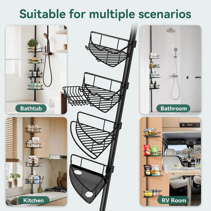 Corner Shower Caddy Tension Pole, 4 Tier Rustproof Shower Tension Rod Organizer, Adjustable 25-125 Inch Bathroom Shower Organizer Shelves for Bathtub Shampoo Storage, Black8
