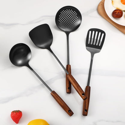 304 Stainless Steel Kitchen Utensils Set, 4 Pcs Long Cooking Utensils Set with Wooden Handle, Large Heat Resistant Kitchen Tools(Black, Dishwasher Safe)6