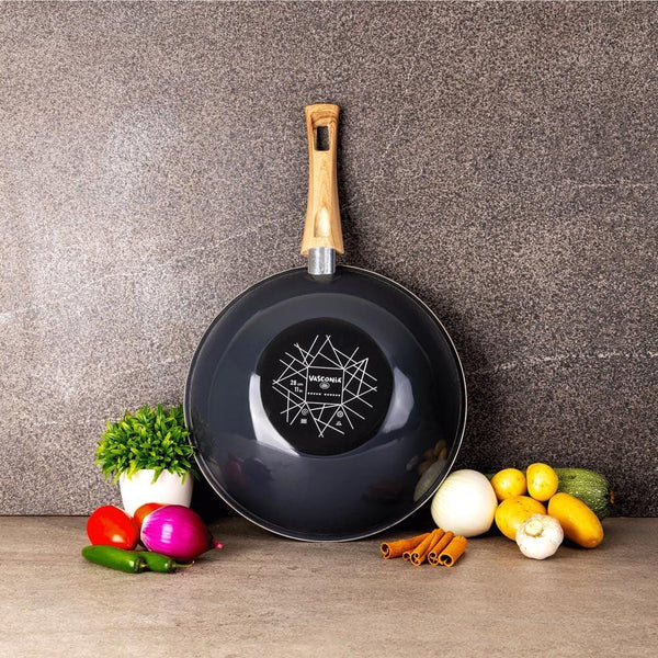 Nonstick Wok Pan 11 Inch Enamel Steel Gray | Induction Compatible, All Stovetop Ready, Even Heat Cooking, Wood-Look Handle, Lightweight Design, Easy Cleanup9