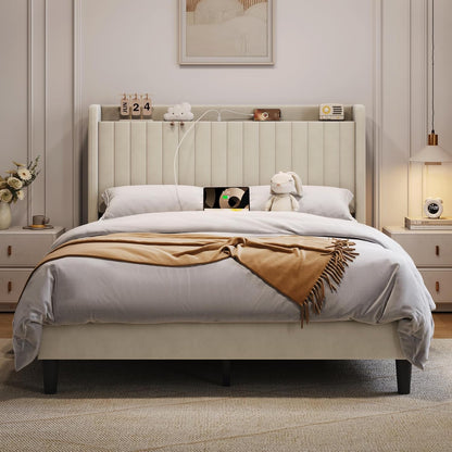Queen Bed Frame with Channel-Tufted Storage Headboard, Cool Beige9