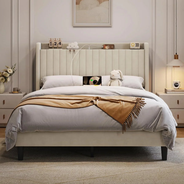 Queen Bed Frame with Channel-Tufted Storage Headboard, Cool Beige9