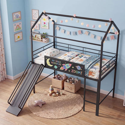 Twin Size House Loft Bed, Low Loft Bedframe W/Roof, Slide, Ladder, Chalkboard & Sturdy Metal Slats for Bedroom Dorm, Kids House Bed for Boys Girls, No Box Spring Needed (Black)3