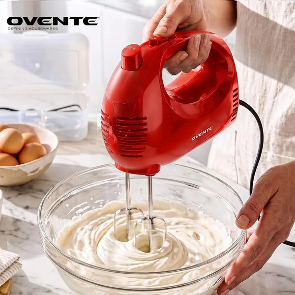 5-Speed Electric Hand Mixer with Storage Case,150W, Red HM151R | Stainless Steel Whisks, Compact Portable Design, Lightweight Handheld Mixer for Baking & Cooking3