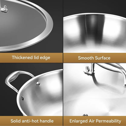 13-Inch Stainless Steel Wok with Lid | 5.5-Quart | Dual Handles | Uncoated Tri-Ply Stir Fry Pan | Everyday Cooking Wok for Induction | Flat Bottom | PFOA-FREE | 4-5 Servings ﻿7