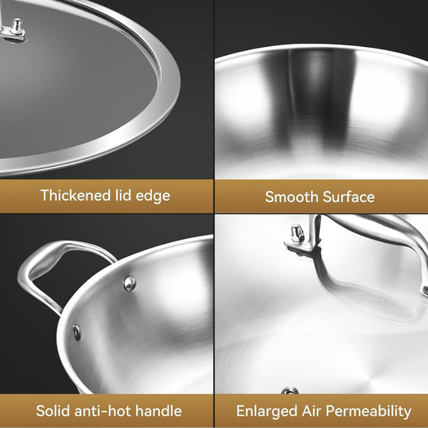 13-Inch Stainless Steel Wok with Lid | 5.5-Quart | Dual Handles | Uncoated Tri-Ply Stir Fry Pan | Everyday Cooking Wok for Induction | Flat Bottom | PFOA-FREE | 4-5 Servings ﻿7