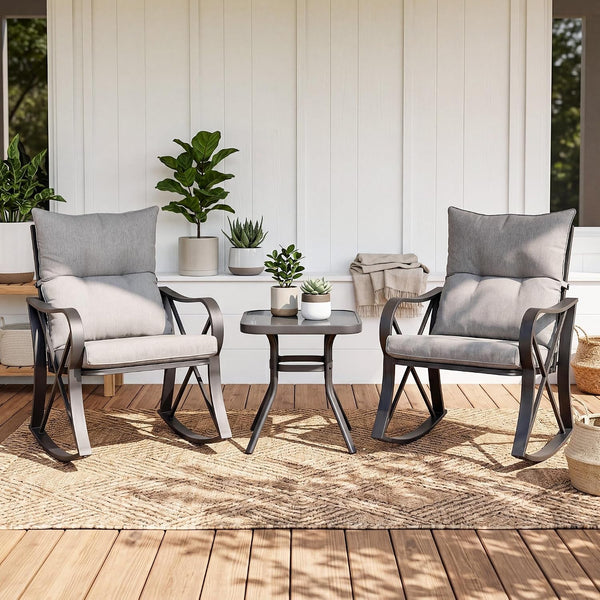 3 Piece Patio Rocking Conversation Set, Outdoor Rocking Chairs with Thick Removable Cushions & Side Table, Bistro Furniture Set for Porch, Balcony, Poolside, Backyard, Grey1