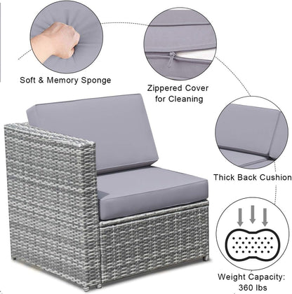 8 PCS Outdoor Patio Furniture Set, Rattan Wicker Sofa Set, Sectional Sofa Couch Conversation Set W/Storage Table and 12 Zippered Cushions for Garden Backyard Poolside (Grey)7