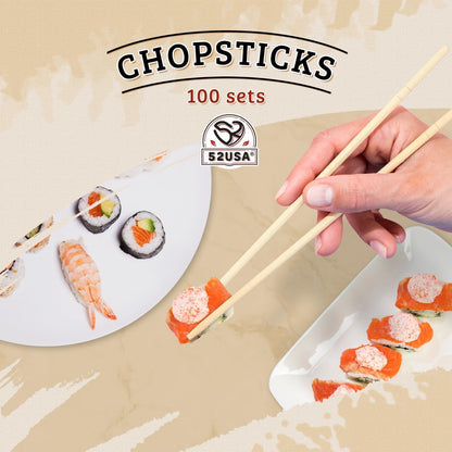 52USA Disposable Bamboo Chopsticks (100 Sets), 9'' Long Chinese Chopsticks | Individually Wrapped, Wooden Chopsticks, Clear Bag, Bulk5