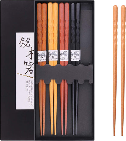 Reusable Chopsticks Japanese Natural Wooden 5 Pairs Classic Style Lightweight Hand-Carved Safe Chop Sticks 8.8 Inch/22.5Cm Gift Set | Japanese Natural Wood; No-Slip Hand-Carved; Lightweight Easy Use; Food Safe;Multicolor 5 Pairs; Perfect Gift Box7