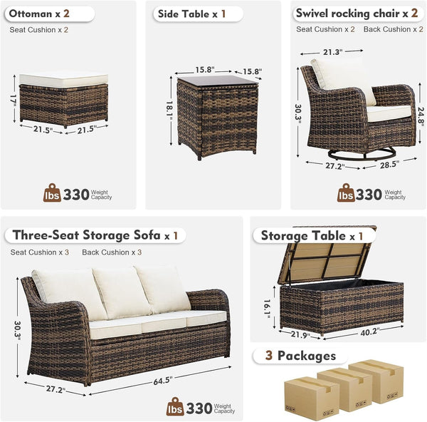 7 Pieces Patio Furniture Set with Swivel Chair, Outdoor Patio Conversation Set, Patio Sectional Furniture Set with 2 Swivel Rocker Patio Chair and Sofa, 2 Ottomans and Coffee Table (Brown)2