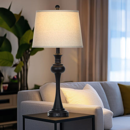 28.75 " 3-Way Touch Control Modern Table Lamp Set of 2 for Living Room , Bedside Lamp with USB A+C Ports, Mid Century Black Table Lamps, Nightstand Lamps Set ,Beige Fabric Shade Vintage Accent Style6