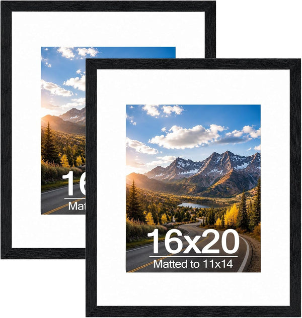 Wood 16X20 Picture Frame with 11X14 Mat Black, Display 11X14 with Mat or 16X20 without Mat, Wood 16 by 20 Photo Frame, 16 X 20 Frame for Wall Hanging Display, Black, 2 Pack1