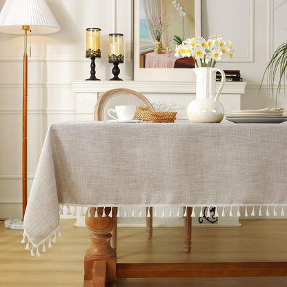 Rustic Cotton Linen Table Cloth,Tablecloths for 6 Foot Rectangle Tables,Waterproof Washable Tablecloth with Tassel Rectangle/Oblong, 55''X 86'', 6-8 Seats7