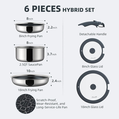 6-Piece Hybrid Stainless Steel Pots and Pans Set Non Stick, Tri-Ply Stainless Steel Cookware Set with Lids and Detachable Handle, PFOA Free Kitchen Skillet for All Cooktops, Dishwasher Safe2