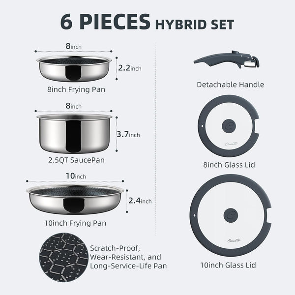 6-Piece Hybrid Stainless Steel Pots and Pans Set Non Stick, Tri-Ply Stainless Steel Cookware Set with Lids and Detachable Handle, PFOA Free Kitchen Skillet for All Cooktops, Dishwasher Safe2