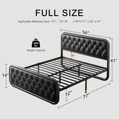 Full Size Metal Bed Frame with Button Tufted Leather Upholstered Headboard and Footboard, U-Shape Support Foundation, No Box Spring Required, Black2