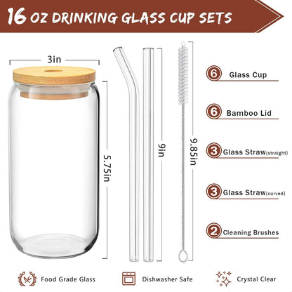 16 Oz Drinking Glasses - 6 Pcs Glass Cups with Bamboo Lids and Straws | Food-Grade Durable Clear Tumbler, Coffee Bar Accessories, Aesthetic Gift, for Beer, Iced Tea, Include 2 Cleaning Brushes2
