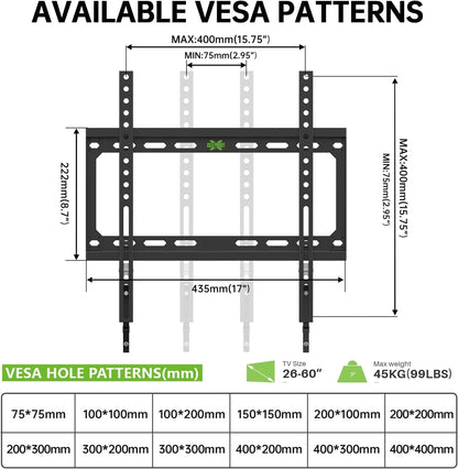 Fixed TV Wall Mount with Low Profile for Most 26-55 Inch LED, LCD and Flat Screen Tvs, TV Mount Bracket with VESA up to 400X400Mm and Weight Capacity 99Lbs,And Space Saving TV Bracket3