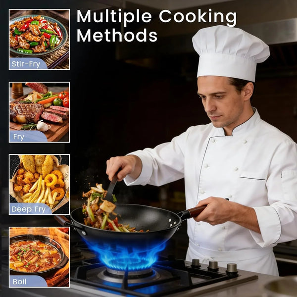 Carbon Steel Wok - 13" Woks & Stir-Fry Pans Nonstick, Wok with Lid, Fast Heat Conduction, Uniform Heat Conduction Flat Bottom Woks, Professional Chef Cookware7