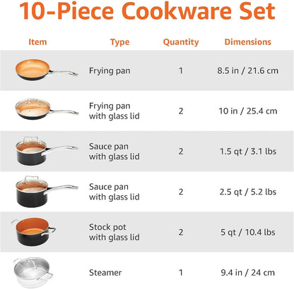Ceramic Nonstick Cookware Set, Induction Ready, Dishwasher & Oven Safe, Even Heating, 10-Piece Set with Frying Pans, Saucepans, Glass Lids, Copper Color3