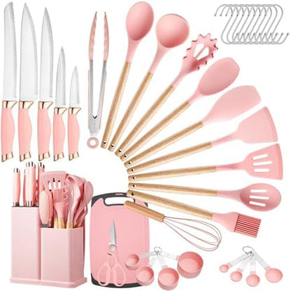 Kitchen Utensils Set,37 Piece Cooking Utensils and Knife Set,Pink1