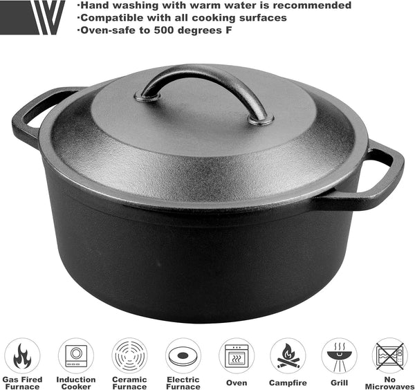 Pre-Seasoned Cast Iron Dutch Oven with Lid, round and Dual Handles, for Stovetop, Camping, Grill, Induction, Electric, Black, 3 Qt3