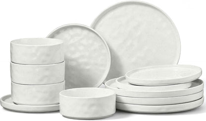 Stoneware Dinnerware Set, 12-Piece White Plates and Bowls Sets for 41