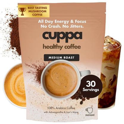 Cuppa Medium Roast Mushroom Coffee with Adaptogens & Superfoods - Lion’S Mane, Ashwagandha & Cordyceps. Adaptogens + MCT to Support Natural Energy, Mental Focus & Gut Health (30 Servings)1