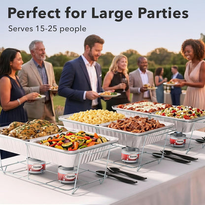Disposable Chafing Dish Buffet Set with 6-Hour Fuel, 30 Piece | 3 Full-Size Buffet Setups with 6 Fuel Cans, 3 Water Pans, 6 Half-Size Food Pans, 6 Lids, 3 Wire Racks, and Serving Utensils3