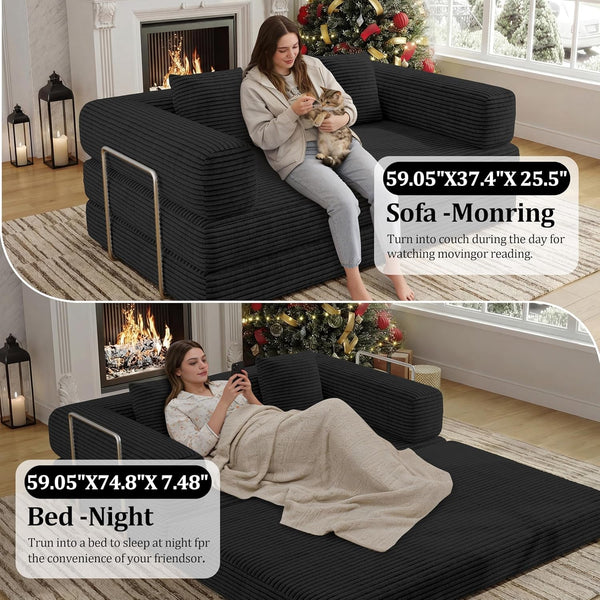 59 Inch Convertible Sofas Bed, 5-In-1 Futon Sofa Pull Out Sleeper Couch, Boneless Couches for Living Room, Corduroy Floor Compression Loveseat for Bedroom, Apartment, No Assembly, Black, 2 Seat6