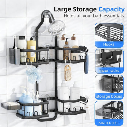 Aluminum Alloy Shower Caddy Hanging, No Drilling over the Shower Head Caddy, 2 Levels Showers Rack Organizer with Hooks, Razor Holder, Soap Holder4