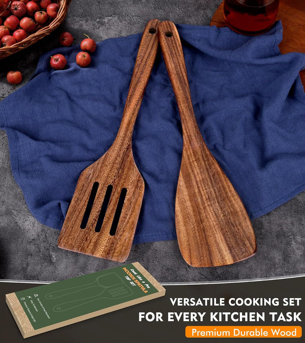 2Pcs Wooden Spatula, Acacia Wooden Spatula for Kitchen Use, Nonstick Cookware Safe Utensils Set Including Turner and Slotted Turner, Ideal Cooking Utensils Gift Set for Cooking, Frying, Baking7