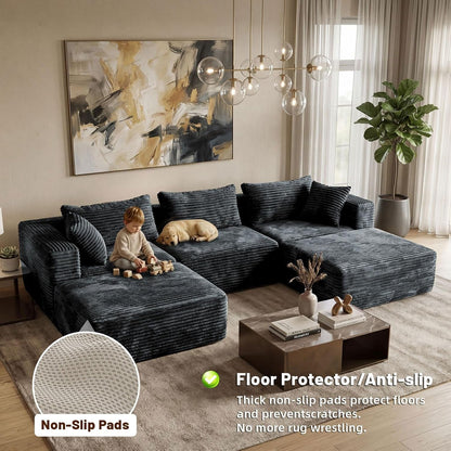 110 Modular Sectional Boneless Sofa with 2 Ottomans, Corduroy U-Shaped Modular Sectional Sofa, Convertible Cloud Couch with Deep Seats, No Assembly Required (Grey, 110" 3Seat+2 0Ttoman)3