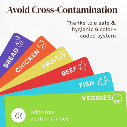 Extra Thick Flexible Plastic Cutting Board Mats, Set of 6 for Kitchen, BPA Free, Non-Slip Waffle Back, Dishwasher Safe Cutting Boards, Color Coded with Food Icons, 15X12 Inch -4