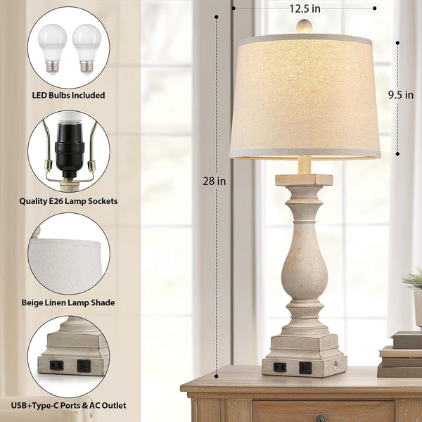 28" Tall Farmhouse Table Lamps Set of 2 with USB C+A Ports and AC Outlet, 3 Way Touch Control Rustic Bedside Lamp for Bedroom, Beige Vintage Nightstand Lamp for Living Room Office4