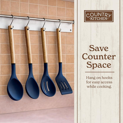 Non Stick Silicone Utensil Set with Rounded Wood Handles for Cooking and Baking, 8 Piece Set, Navy8
